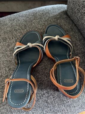 Coach Leather Strappy Sandals in Navy, Tan, and Cream